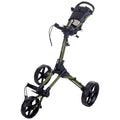 A golf push cart with three wheels is positioned upright featuring an adjustable handle and a mesh storage area highlighting its green metallic frame and sturdy construction designed for transporting golf clubs.