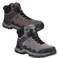 Two pairs of hiking boots are displayed side by side. They feature a sturdy design with various textures and colors. The boots are set against a plain background, emphasizing their construction and style.