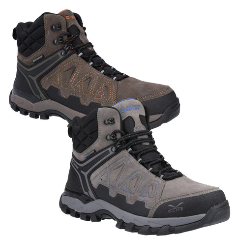 Two pairs of hiking boots are displayed side by side. They feature a sturdy design with various textures and colors. The boots are set against a plain background, emphasizing their construction and style.