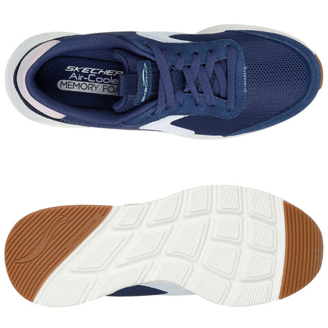 A navy blue athletic shoe is shown from above and below featuring a mesh upper with a lightweight design the sole has a white base with a textured brown rubber pattern and grooves.