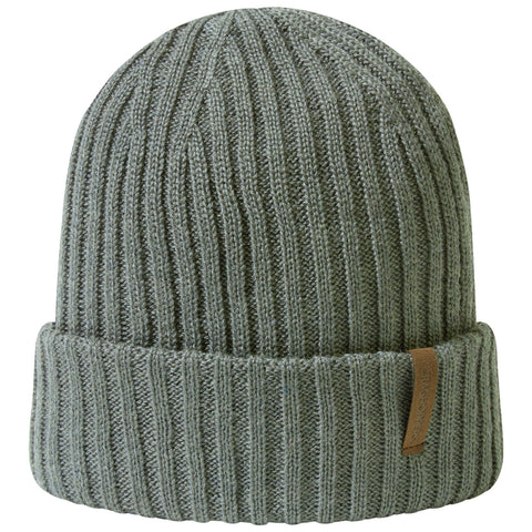 A knitted green beanie hat sits upright showcasing vertical ribbing and a folded brim with a leather tag on the side indicating its brand or style