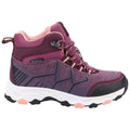 A waterproof hiking boot is positioned on a white background showcasing a purple and pink color scheme with textured side patterns and a white sole designed for rugged terrain.