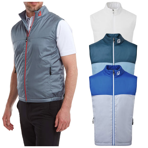 Footjoy Mens Thermal Insulated Vest A person wears a grey sleeveless vest with a red zipper standing next to three additional colorful vests showcasing various styles and colors on a neutral background.