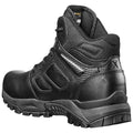 A black high-top boot with mesh and synthetic materials features a rugged sole. It stands upright, designed for durability and support in outdoor or work environments.