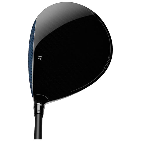 A golf driver head with a sleek, glossy black finish is positioned against a neutral background showcasing its aerodynamic design and detailed grip texture highlighting its advanced materials for improved performance.