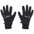 Black gloves with a sleek design are positioned side by side featuring an Under Armour logo and reflective strip for visibility in low light conditions suitable for outdoor activities in cold weather.