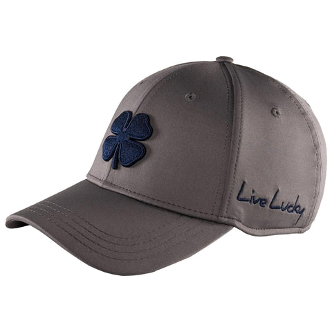 A gray baseball cap features a blue four-leaf clover emblem on the front and the phrase Live Lucky embroidered in blue on the side, suggesting a casual and lucky theme.