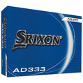 A blue box labeled Srixon AD333 contains golf balls positioned against a textured background featuring the tagline Pure White Visual Performance, emphasizing the product's design and quality for golfers.