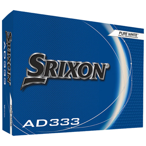 A blue box labeled Srixon AD333 contains golf balls positioned against a textured background featuring the tagline Pure White Visual Performance, emphasizing the product's design and quality for golfers.