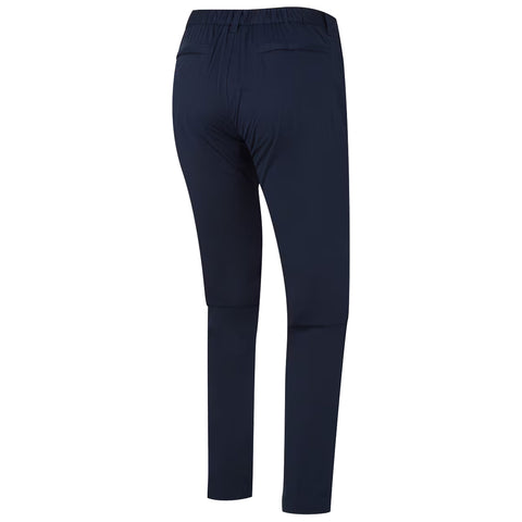 Navy pants featuring a stretchy waistband and two back pockets are displayed from the rear against a plain white background emphasizing their design and fit.