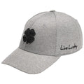 A gray baseball cap features a black embroidered four-leaf clover and the phrase Live Lucky in cursive on the side, suitable for casual wear or outdoor activities.