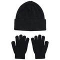 A black knit beanie sits above a pair of matching black gloves arranged in a symmetrical layout on a plain background, suggesting winter clothing for warmth and protection against cold weather.