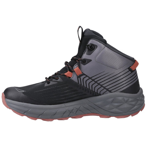 A black and gray athletic shoe with a high ankle design features laces and grips designed for outdoor activities positioned against a plain background.