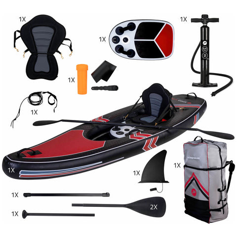 A black and red inflatable kayak is shown along with accessories including a seat a paddle a pump a backpack and various small items for setup or use in water activities.