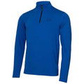 A blue long-sleeve shirt features a half-zip collar and a black logo on the left chest, displayed against a plain background, emphasizing its color and design.