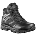 A black tactical boot features a high ankle design with mesh inserts and a rugged sole. It is positioned upright against a neutral background, showcasing its sturdy construction.