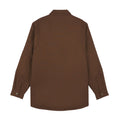 A brown long-sleeve shirt is displayed flat with a collar and buttoned sleeves in a neutral setting, emphasizing the shirt's color and design details.