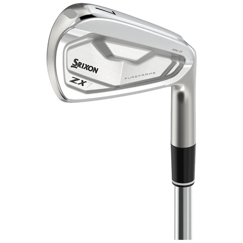 A golf club head is shown angled to display its shiny metal surface with engraved branding Srixon ZX7 and the word Pureframe set against a neutral background.