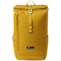 A yellow backpack stands upright showcasing a roll-top design with a front buckle closure and side pocket, set against a neutral background that emphasizes its vibrant color.