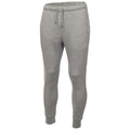 Gray sweatpants are displayed standing upright showcasing a tapered leg design and elastic waistband with drawstrings suitable for casual or athletic wear commonly found in a clothing store or home environment.