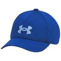 A blue cap sits at an angle showcasing the front panel featuring a contrasting light blue Under Armour logo on the left side against a plain background.