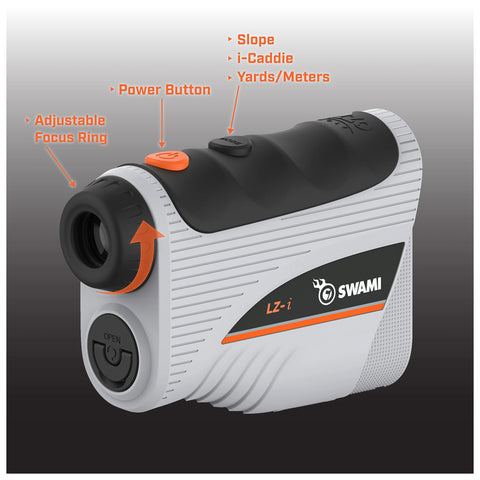 A white and black laser rangefinder features an adjustable focus ring and power button, with labels for slope, i-Caddie, and yards/meters, set against a dark gradient background.