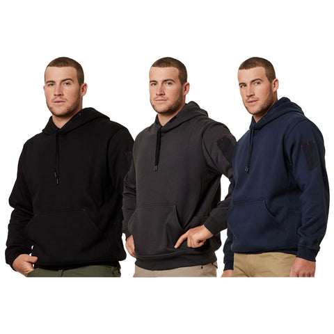 Three men stand side by side wearing hoodies in black gray and navy colors with a relaxed posture showcasing the clothing against a plain white background.