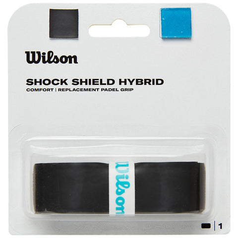 Black replacement padel grip packaged with a protective cover displaying the brand Wilson and the product name Shock Shield Hybrid indicating comfort while intended for use in padel sports.