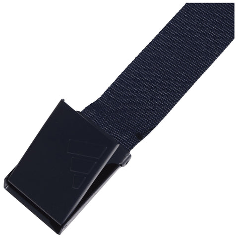 A dark blue nylon belt with a black plastic buckle rests flat. The buckle features a simple design and secures the belt, suggesting functionality in its use for clothing.