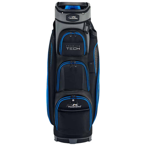 A black and blue golf bag stands upright showcasing multiple zippered compartments and a top section for club organization in a neutral environment suitable for outdoor sports.