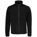 A black fleece jacket is displayed zipped up with a high collar and long sleeves showcasing a smooth material and minimal design suitable for casual or outdoor wear.