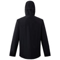 A black jacket with a hood is shown from the back hanging freely against a plain background, showcasing its minimalist design and casual styling suitable for outdoor activities.