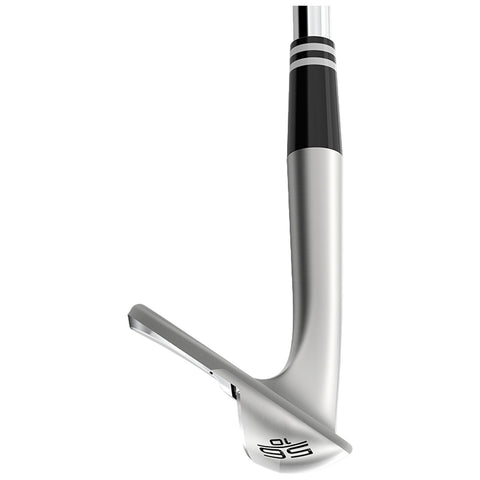 A golf club head is angled downward with a polished silver finish and a distinctive black grip featuring white stripes and a logo at the bottom highlighting its sleek design.