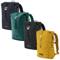 Four backpacks in different colors are displayed side by side. They are upright with their top closures visible. The environment is neutral with no distractions, focusing on the backpacks.