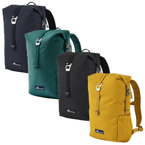 Four backpacks in different colors are displayed side by side. They are upright with their top closures visible. The environment is neutral with no distractions, focusing on the backpacks.