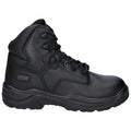 Black tactical boot designed for durability and support features a high-top design with lace-up front and rugged sole suitable for various terrains and demanding conditions.