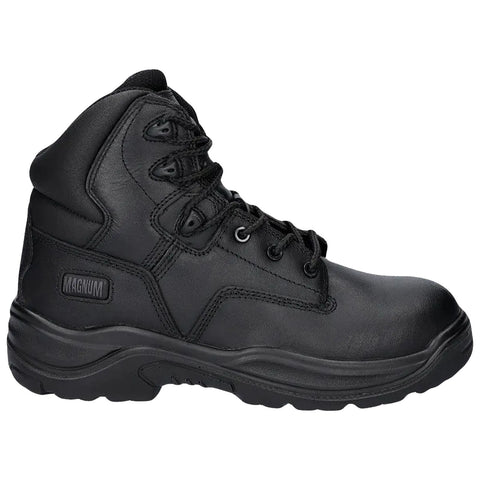 Black tactical boot designed for durability and support features a high-top design with lace-up front and rugged sole suitable for various terrains and demanding conditions.