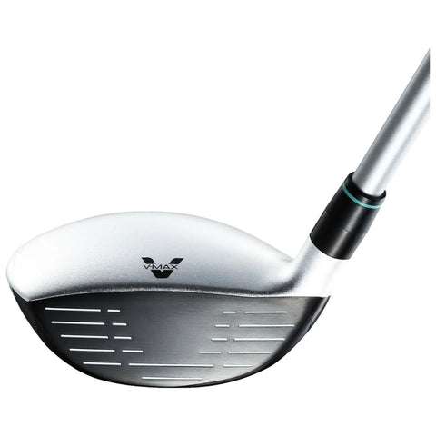 A silver golf club head with a smooth surface and multiple grooves on its face rests against a white background showcasing its modern design and branding.