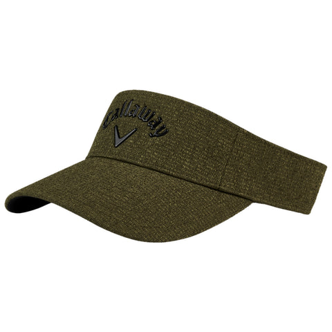 A green visor cap sits displayed for observation featuring the logo "Callaway" on the front emphasizing a sporty aesthetic suitable for outdoor activities like golf.