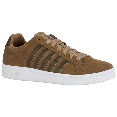 A brown sneaker with tan accents sits upright showcasing its laces and striped design on the side emphasizing a casual style suitable for everyday wear.