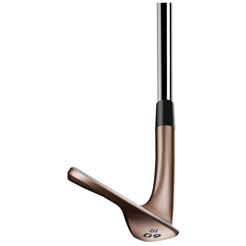 A golf wedge is displayed tilted slightly with a sleek bronze finish showcasing its angled face designed for precision shots on the golf course against a plain white background.