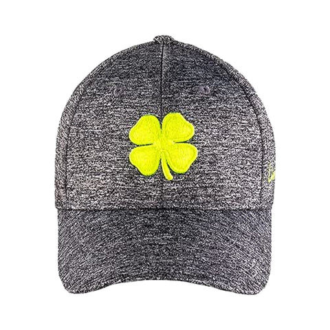 A gray cap features a bright yellow embroidered four-leaf clover on the front, designed for casual wear, offering sun protection and style in outdoor environments.