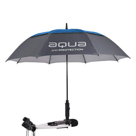 A gray and blue umbrella labeled aqua UV-PROTECTION is mounted on a white support structure with controls and a microphone underneath it providing shade in an outdoor setting