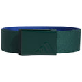 A green fabric belt features a square metal buckle with a geometric design The inner side of the belt is blue and it is used to secure clothing in place