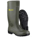 A pair of green rubber boots stands upright with textured sides and a ridged sole visible. The boots are designed for safety and outdoor use, suitable for wet or muddy environments.