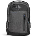 A black and grey backpack stands upright featuring multiple zippered compartments and a circular logo on the front with the numbers 1982 suggesting a modern yet classic design suitable for daily use.