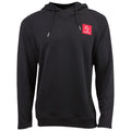 A black long-sleeve hoodie features a red square logo on the upper left side and two gray drawstrings hanging from the neckline in a neutral background.