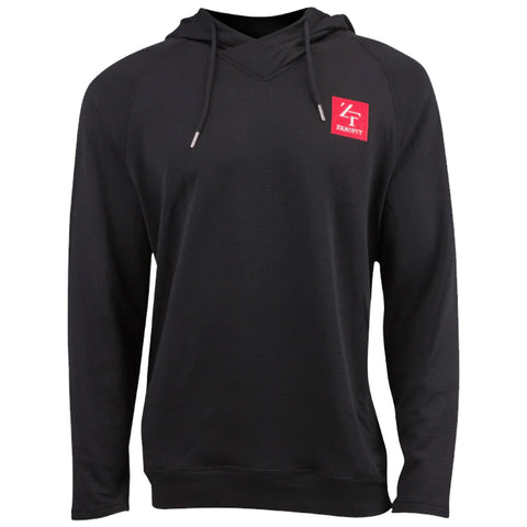 A black long-sleeve hoodie features a red square logo on the upper left side and two gray drawstrings hanging from the neckline in a neutral background.