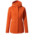 An orange waterproof jacket with a hood is displayed front-facing the zipper is partially closed the material appears smooth and suitable for outdoor wear with pockets on the front.