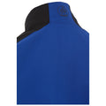 A blue jacket with a black collar is displayed with the back facing the viewer featuring a logo at the neckline that resembles three stylized water droplets.